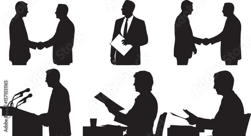 Silhouetted business figures in various professional scenarios