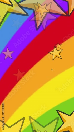 Animation of stars over heart shape in circles over multicolored abstract pattern