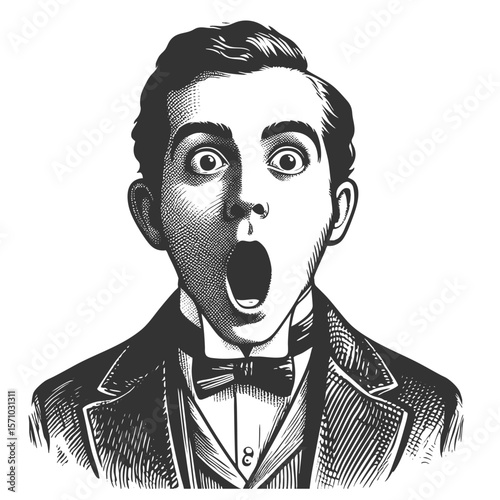 man with wide eyes and puckered lips, expressing shock or amazement in vintage attire sketch engraving generative ai fictional character vector illustration. Scratch board imitation. Black and white.