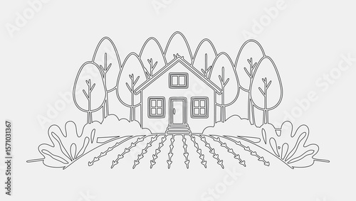 One Line Drawing of an Eco-Friendly House with Nature Elements in Vector Style