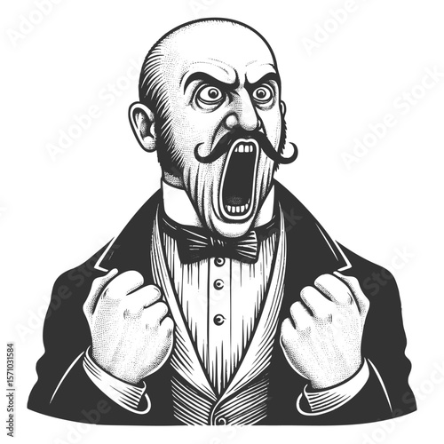 man in a suit, shouting with clenched fists and a furious expression sketch engraving generative ai fictional character vector illustration. Scratch board imitation. Black and white image.