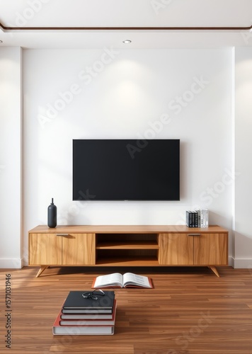 Modern tv wood cabinet shelf in empty room interior background 3d rendering home designsbackground shelves and books on the desk in front of empty wall clean modern home design Empty room interior d