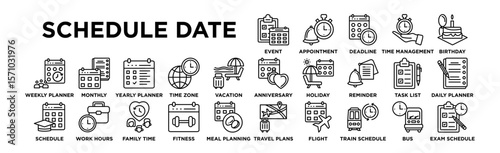 Schedule Date Icon Set. Editable Stroke Icon Collection. Event Planning, Appointment, Deadline, Time Management, Birthday, Anniversary, Holiday, Reminder, Task List, Daily Planner, Weekly Planner, Mon