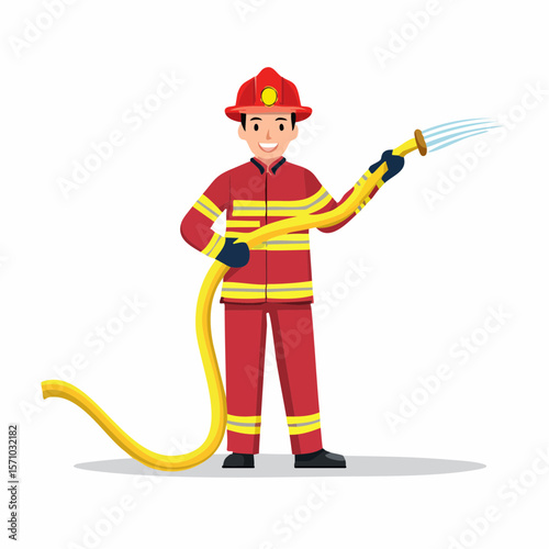 Firefighter bravely holds a yellow fire hose, spraying water for safety rescue, an essential worker design ready for use in various media.