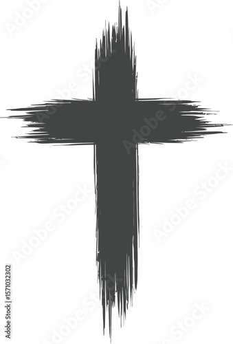 A dark gray brush stroke cross on a plain white background image