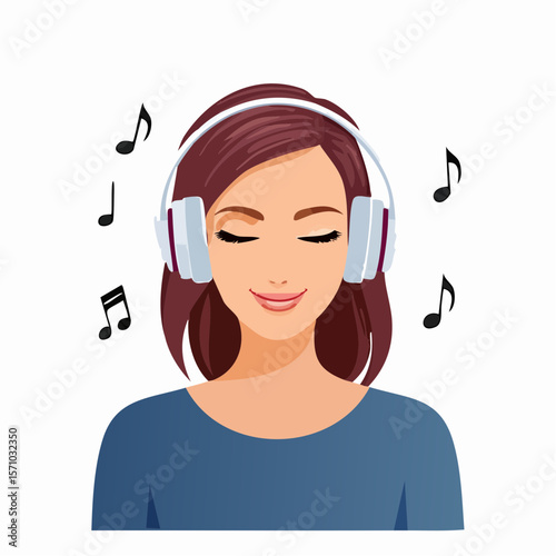 Girl with headphones enjoys listening to music, a scalable design perfect for apps, branding, or educational material about sound.