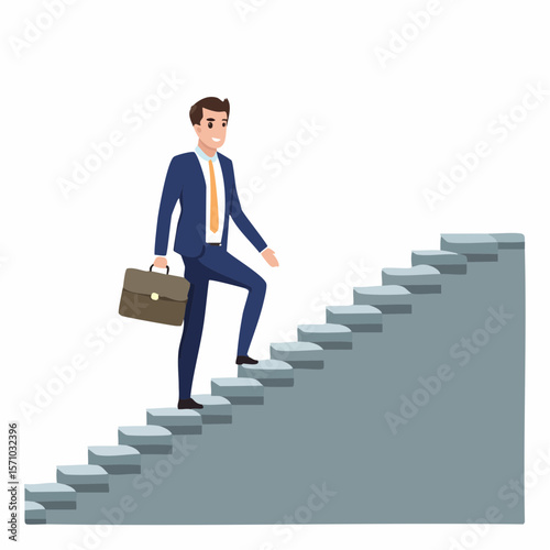 Business professional ascends staircase, symbolizing career advancement and corporate progress toward success in business