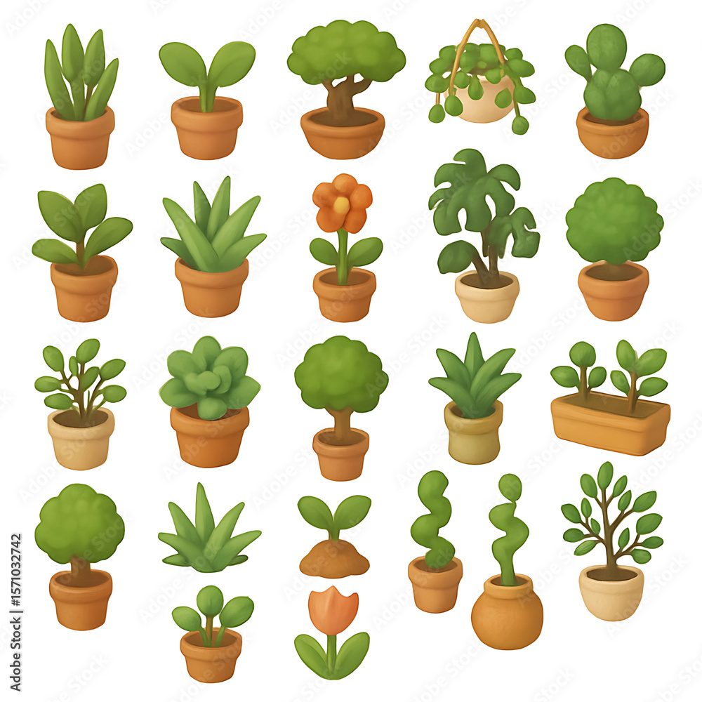 Fototapeta premium 3D potted plant icons with various indoor foliage types
