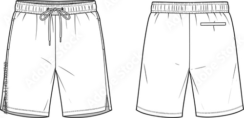 Men’s athletic shorts flat sketch with drawstring waist, front and back technical design for sportswear fashion template illustration.Men’s athletic shorts flat sketch 