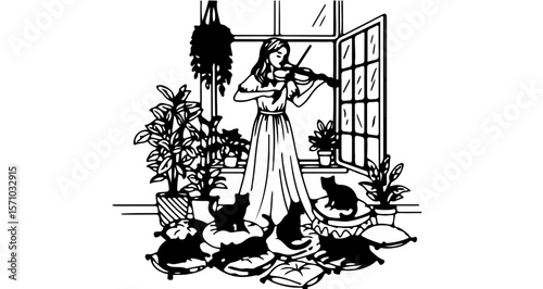 Illustration of woman playing violin surrounded by cats and plants near a window art design