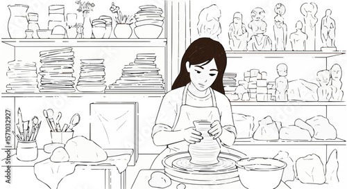 Illustration of a woman creating pottery on a wheel in her art studio with shelves behind her