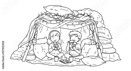 Cozy kids pillow fort outline illustration with string lights blanket and snacks for coloring book design