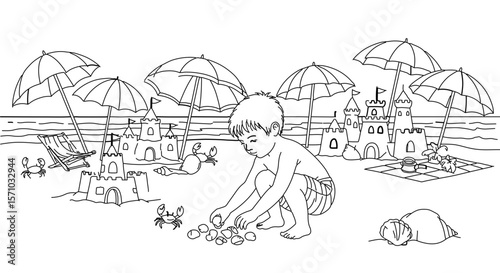 Boy building sandcastles on the beach coloring page for kids summer vacation activity and relaxation time