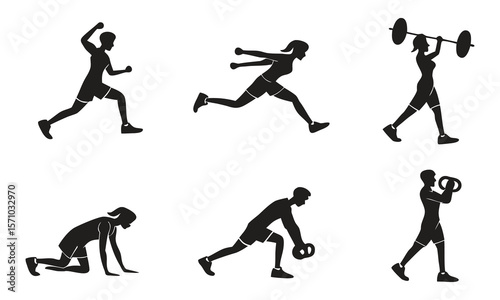 Fitness and Strength Training Silhouettes Demonstrating Athletic Movements, Gym Exercises, and Healthy Active Lifestyles in Action.