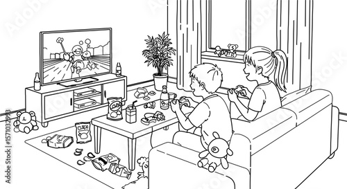 Kids playing video games on tv at home in living room illustration coloring page vector design art 100
