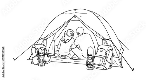 Couple camping in tent with backpacks and lanterns vector illustration for outdoor adventure and travel design