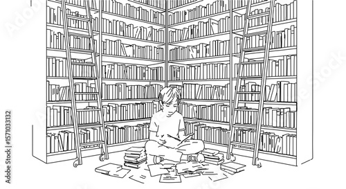 Illustration of a young student reading in a library surrounded by books and ladders for education 100