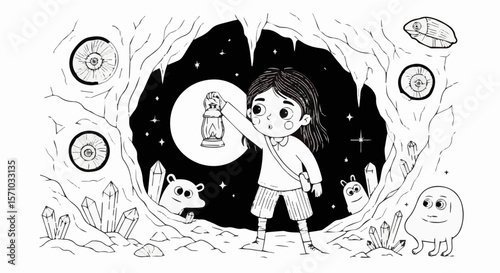 Illustration of girl exploring cave with lantern surrounded by creatures and crystals drawing art
