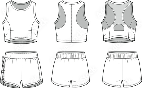 Technical flat sketch of women's athletic crop top and shorts set, front and back views, fashion design template, activewear vectorTechnical flat sketch of women's athletic crop top and 