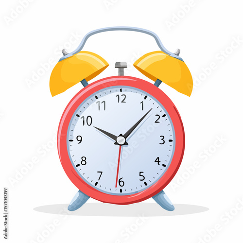 An old-fashioned red alarm clock displays the time with yellow bells, useful for time management concepts or retro design projects.