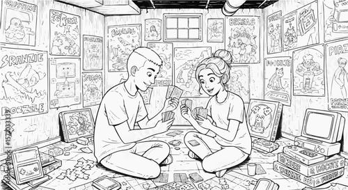 Coloring page of friends playing card games in a retro basement filled with posters and old consoles
