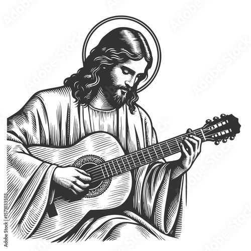 Jesus Christ, peacefully playing an acoustic guitar, combining faith and music sketch engraving generative ai fictional character vector illustration. Scratch board imitation. Black and white image.