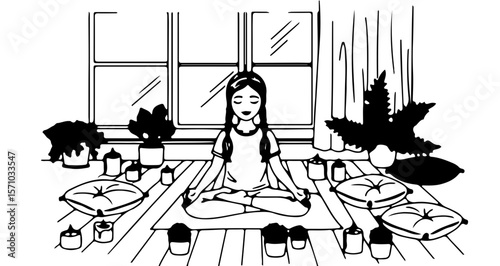 Woman meditating yoga pose in peaceful room with candles and plants relaxation and wellness practice is good 100