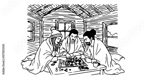 Illustration of friends playing board game in cabin, cozy indoor activity, winter vacation, line art style