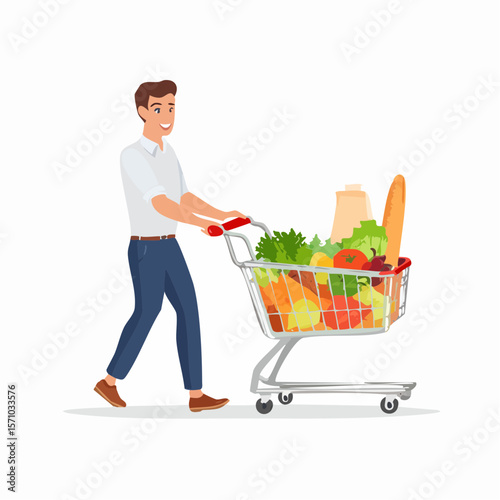 A cheerful man pushing a shopping cart full of fresh produce, perfect for grocery stores, health campaigns, or food product branding.