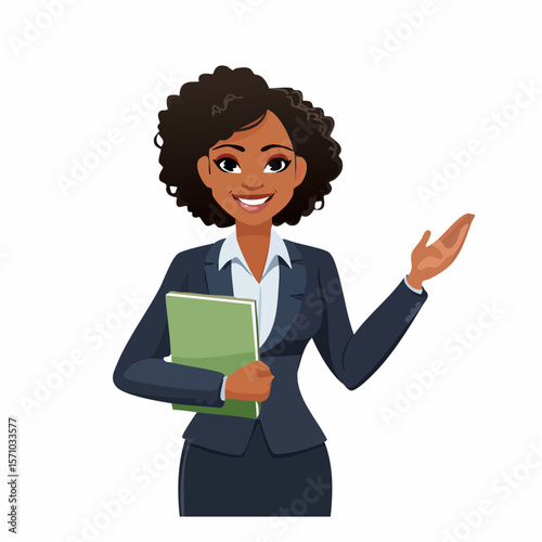 Professional businesswoman presents data with a polished style and confident expression, ideal for corporate designs and modern business themes.