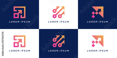 Set of arrow tech logo design with line, pixel and dot