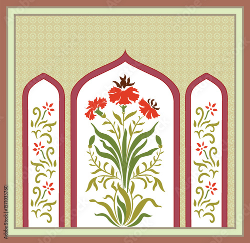 Traditional Mughal garden floral garden with arch and peacock illustration for invitation, Traditional Mughal forest, garden, arch, peacock, bird illustration