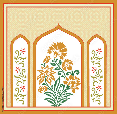 Indian traditional flower motif. Botanical floral ethnic motif, Traditional indian Mughal floral motif ethnic decorative border pattern design, perfect for wallpaper, textile pattern, cloth print,