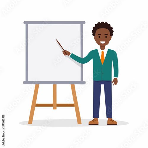 Smiling man presenting data using a whiteboard display, perfect for presentations, coaching and training concepts.