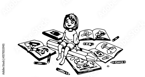 Illustration of girl drawing coloring books with crayons art therapy creative activity black and white line art