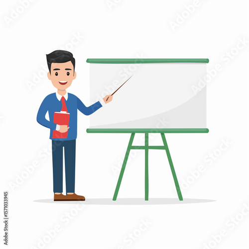 Presentation character with pointer standing near a whiteboard, a versatile design element for business graphics and educational materials.
