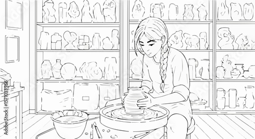 Woman pottery artist throwing clay on wheel in studio workshop coloring page line art illustration