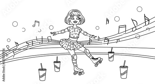 Girl roller skating coloring page with music notes and soda cups for kids and adults to color art 1980s style