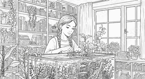Line art drawing of a girl tending to her aquarium with plants and fish in a cozy book filled room