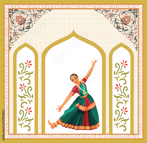 Mughal dancing woman in a garden with arch peacock bird and flower illustration, Traditional Mughal forest, garden, arch, peacock, bird illustration