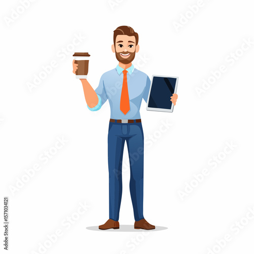 Cheerful businessman cartoon character holding coffee and tablet device, suitable for website, social media posts, and marketing.