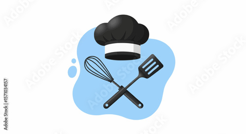 A chef's hat above a whisk and spatula crossed on a light blue background, cooking utensils icon