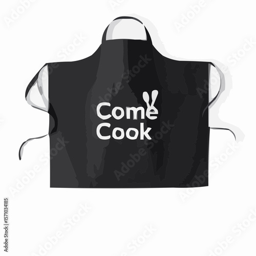 A black apron with the words come cook written in white and rabbit ears on a white background
