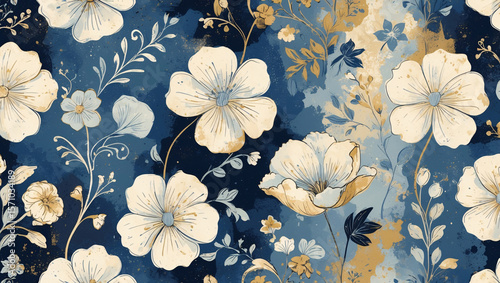 A beautiful, whimsical floral pattern featuring large, light-colored flowers and delicate foliage against a rich, textured blue and gold background
