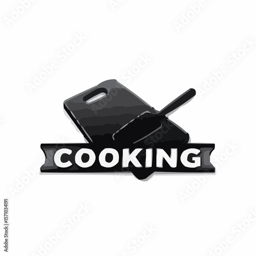 Cooking logo featuring a cutting board and spatula with the word cooking in bold letters