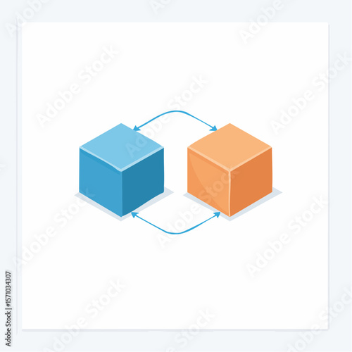 Conceptual graphic featuring two colored isometric cubes linked by arrows, symbolizing communication, data transfer, or interconnectedness.