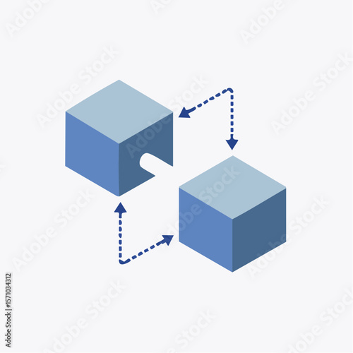 Two geometric cubes show connection with dotted arrows in blue and gray shades for use in process or flow design.