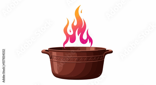 Illustration of a brown cooking pot with handles and a flame rising from the pot on a white background