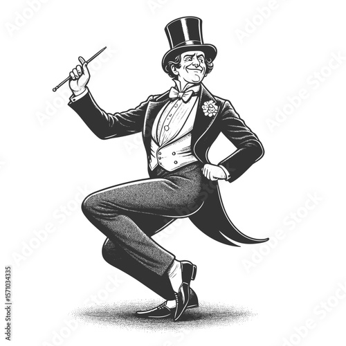 gentleman in a tuxedo striking a flamboyant dance pose with exaggerated flair sketch engraving generative ai fictional character vector illustration. Scratch board imitation. Black and white image.