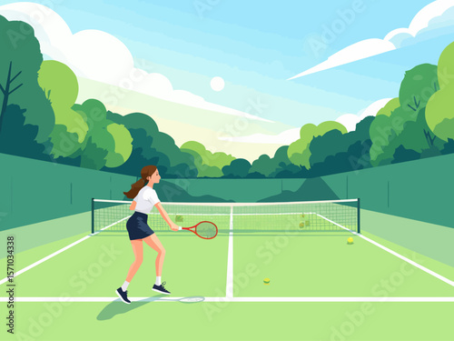 Summer sports healthy activity Flat style vector illustration of a woman playing tennis